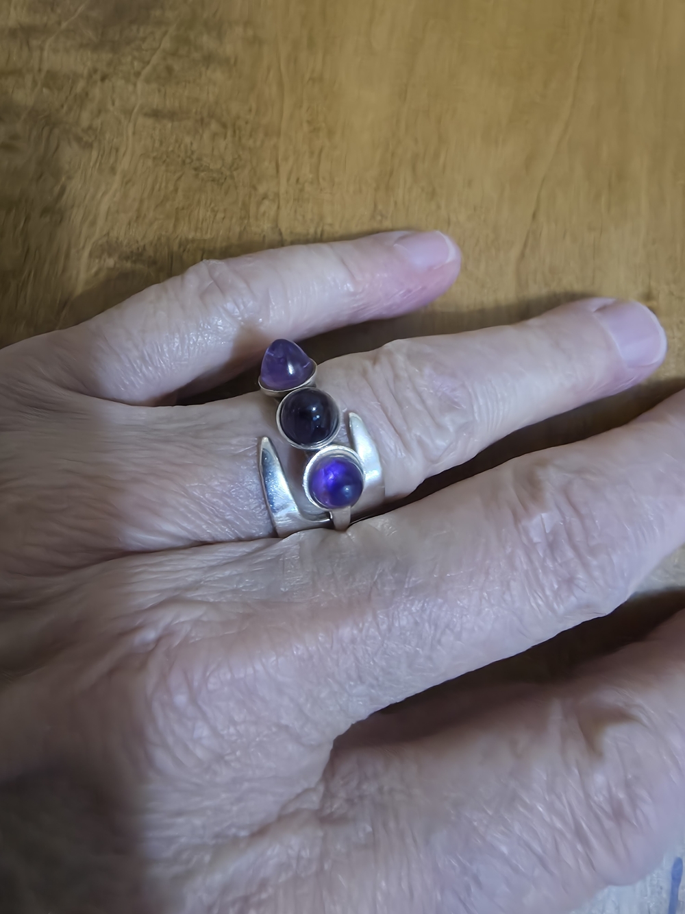 Sterling Silver Amethyst Triple Stone Wrap Ring, made in Norway circa 1970